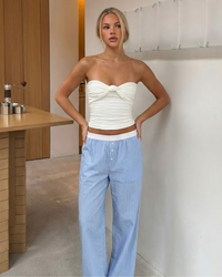Charlotte | Button-Fly Striped Cotton Wide-Leg Trousers with Elasticated Waist
