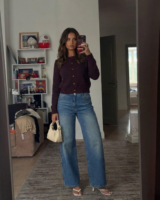 Vera | Striped Crew Neck Cardigan Burgundy Long Sleeve Fitted