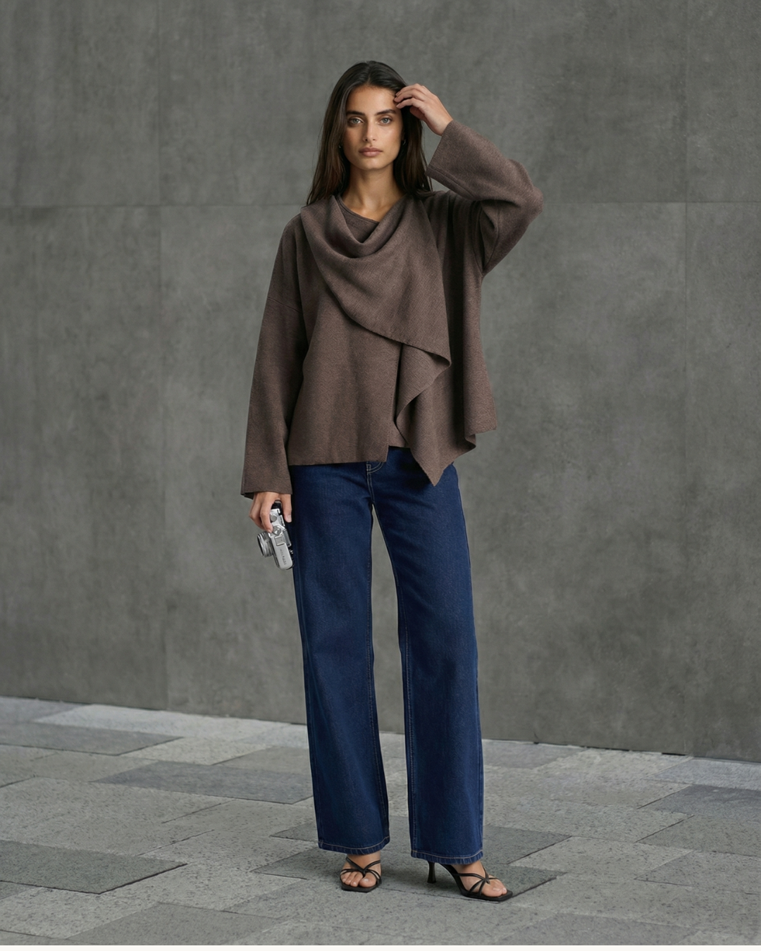 Scarlett | Asymmetric Drape Neck Wide Sleeve Lightweight Knit Top