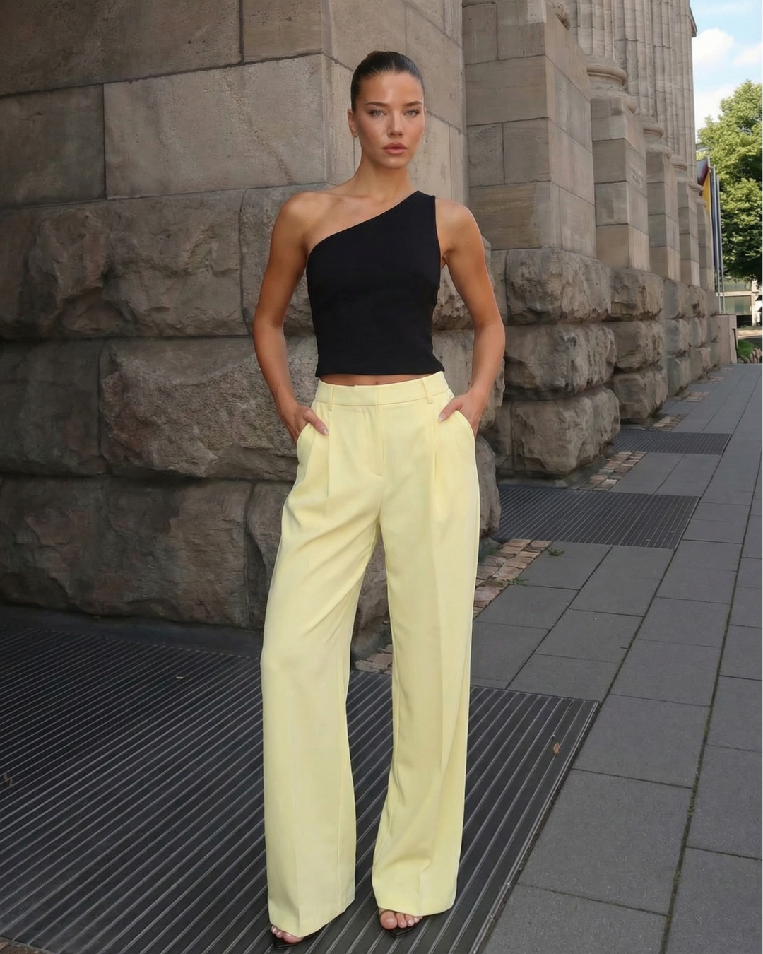 Paloma | Elegant Wide Leg Trousers Cream Yellow Tailored
