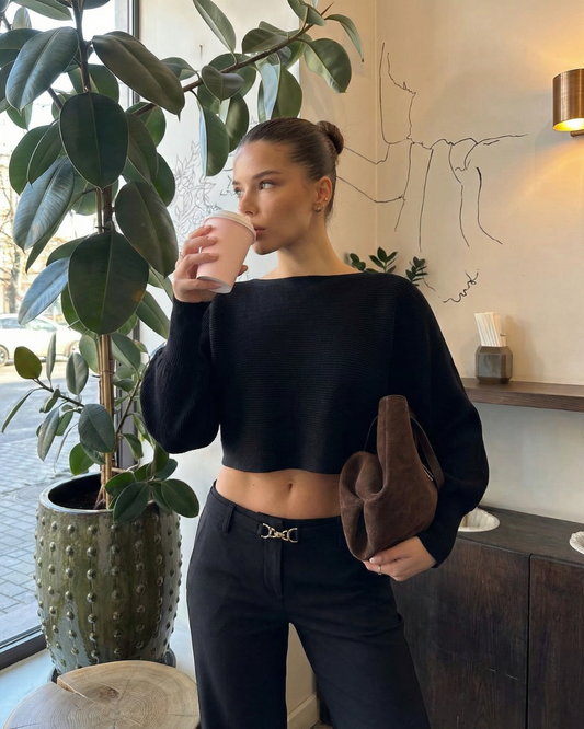 Uma | Black Blouse Long Sleeve Cropped Batwing Boat Neck