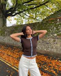 Mabel | Contrast Trim Ruffle Placket Ribbed Knit Top