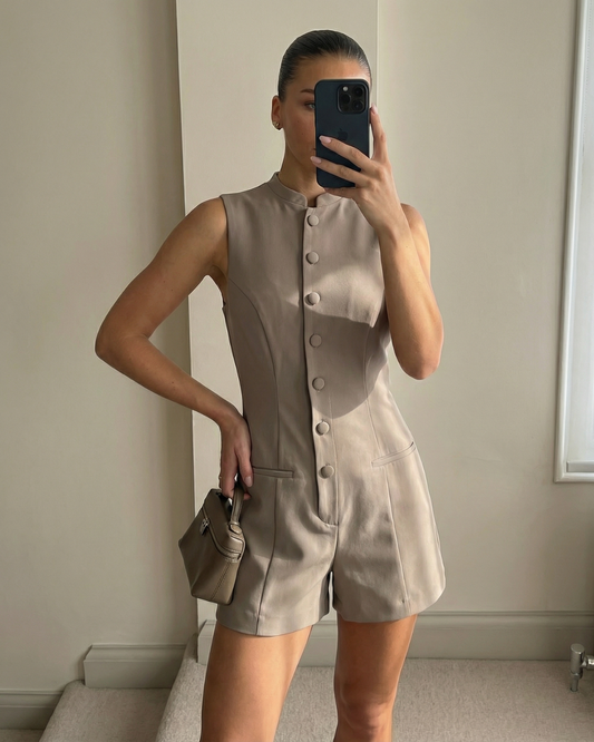 Esme | Smart Casual Sleeveless Playsuit Cream Button
short
