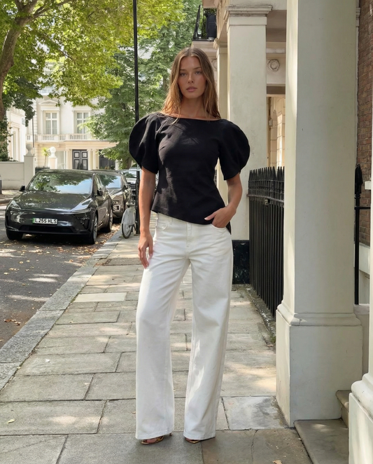 Ada | Asymmetric Top Black Puff Sleeve Short Sleeve