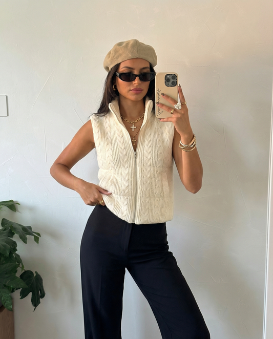 Vera | Knitted Puffer Vest Cream Cable Knit Sleeveless Zip Up