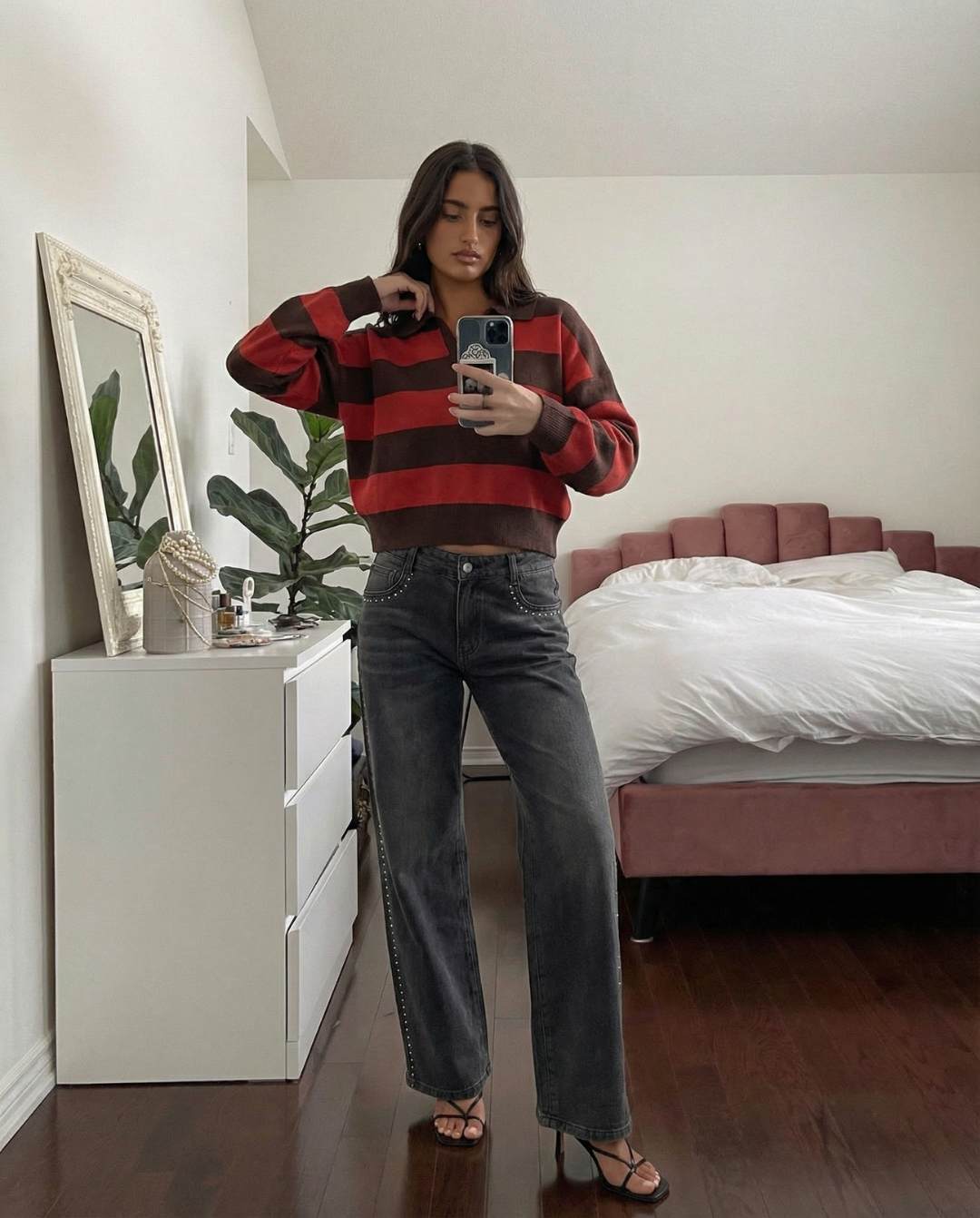 Phoebe | Red Cosy Striped Knit Polo Jumper