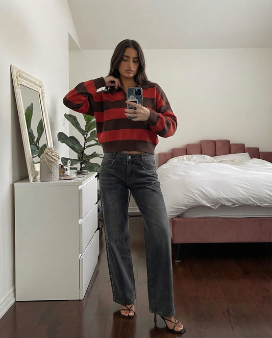 Phoebe | Red Cosy Striped Knit Polo Jumper