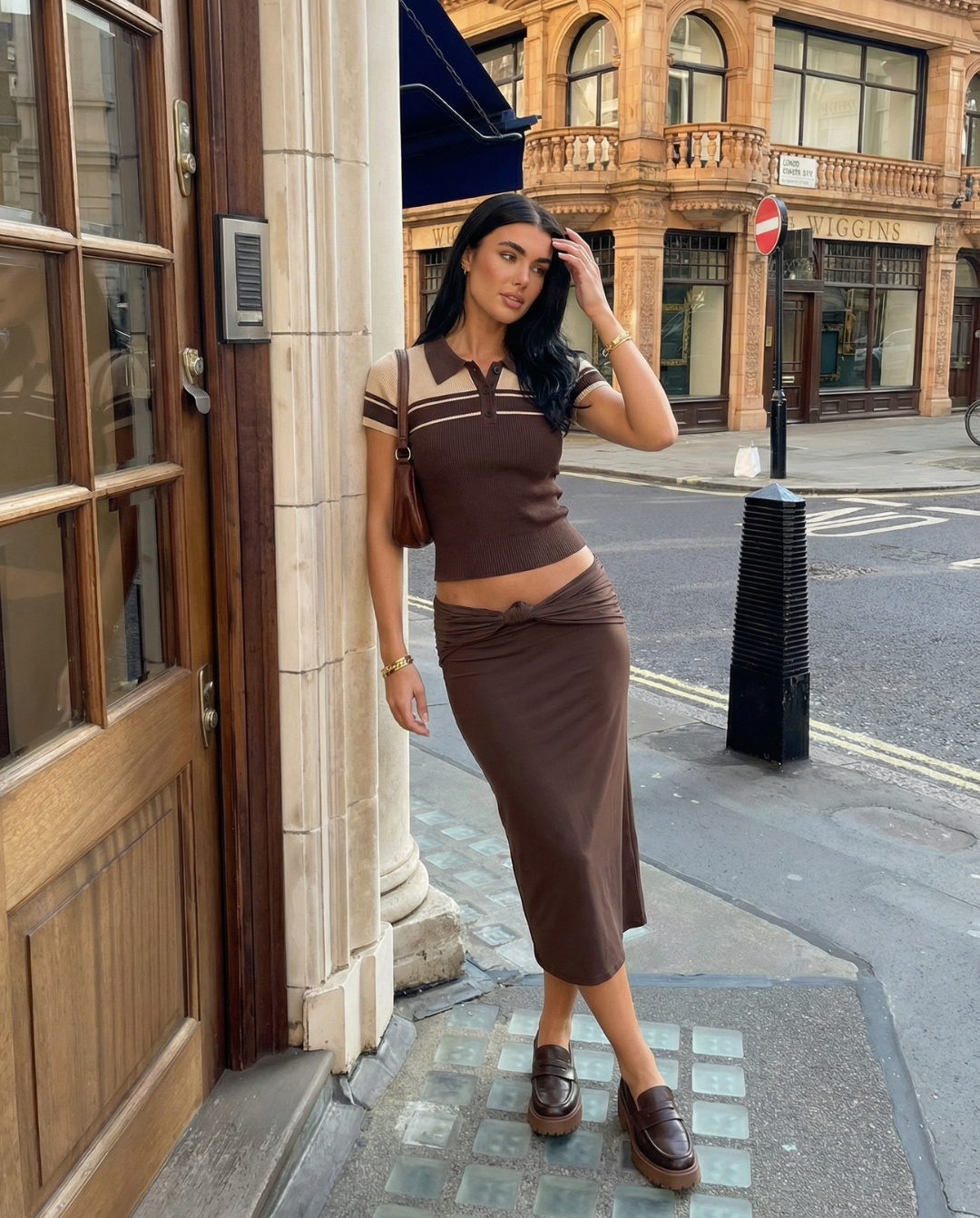 Hattie | Colour Block Stripe Ribbed Polo Crop Top in Brown