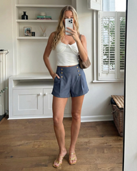 Tilly | High-Waist Front-Pleat Tailored Shorts with Gold Button Detail
