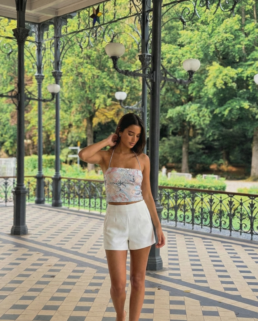 Edith | Patterned Mesh Halter Neck Cropped Bandeau Top
