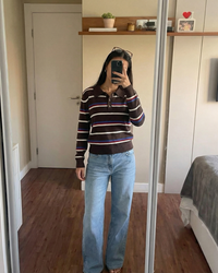 Iris | Striped Long Sleeve Polo Knit Top in Yellow & Dark Brown
