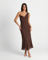 Rowan | Asymmetric Cowl Neck Spaghetti Strap Polka Dot Flowing Midi Dress
