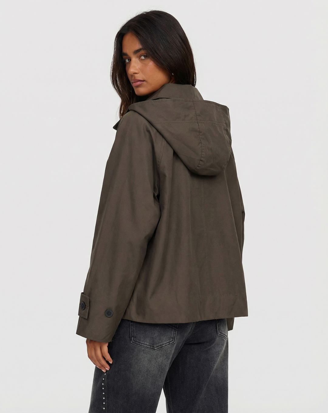 Bea | Casual Cropped Hooded Button Up Jacket Khaki Oversized