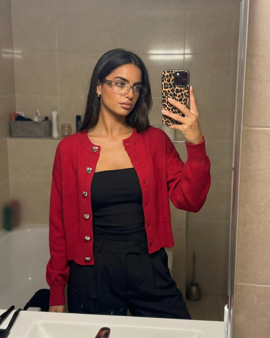 Margot | Coquette Cropped Cardigan Red Heart Buttons Long Sleeve