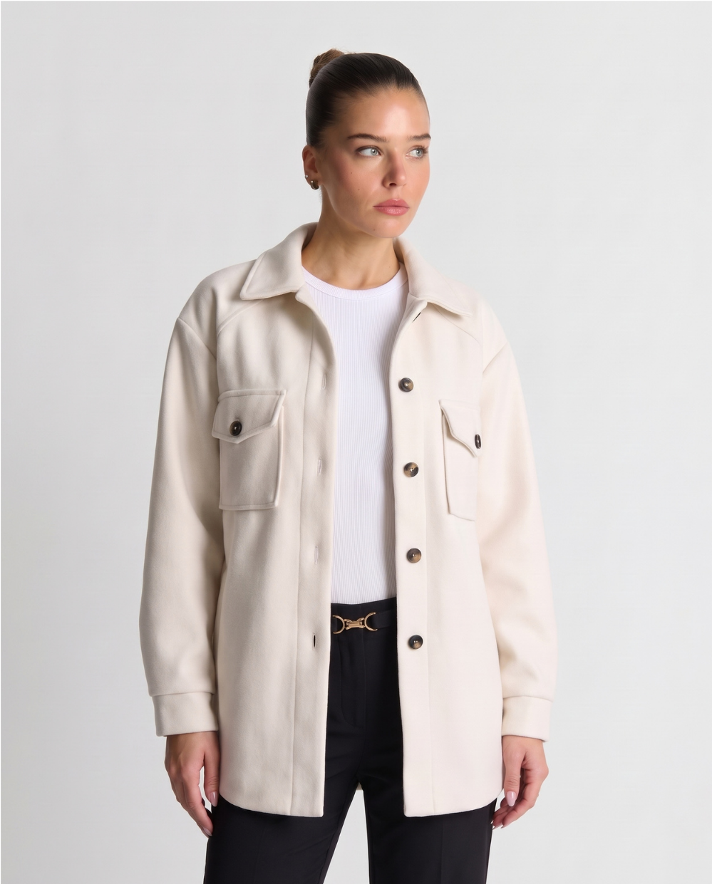 Susanna | Women's Overshirt Button-Down Shirt Jacket in White and Beige