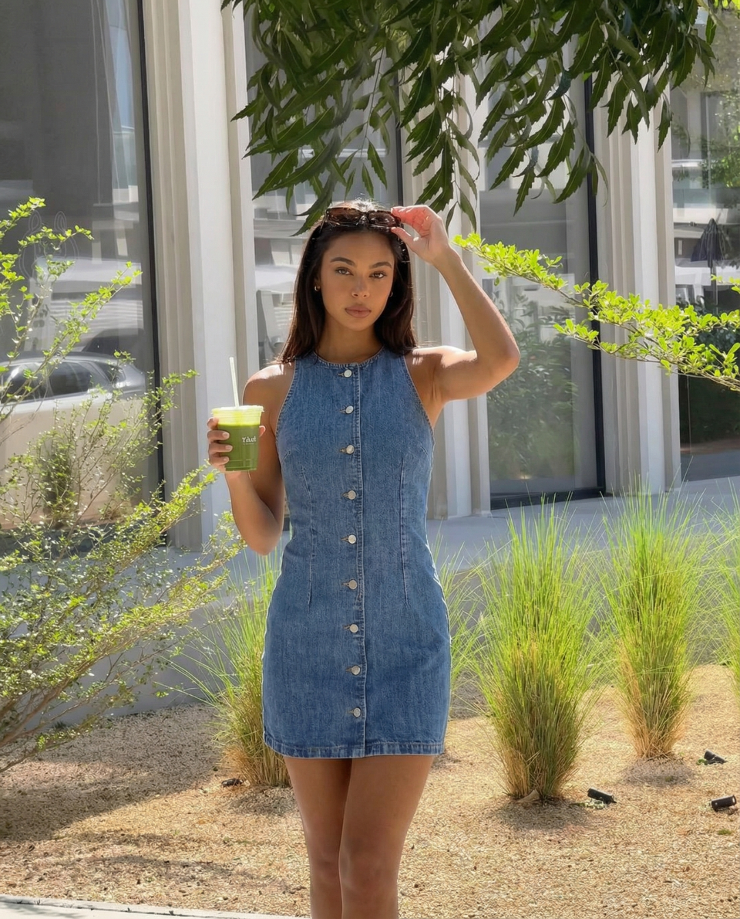 Tabitha | High Neck Cutaway Shoulder Button-Front Vertical Seam Denim Mini Dress