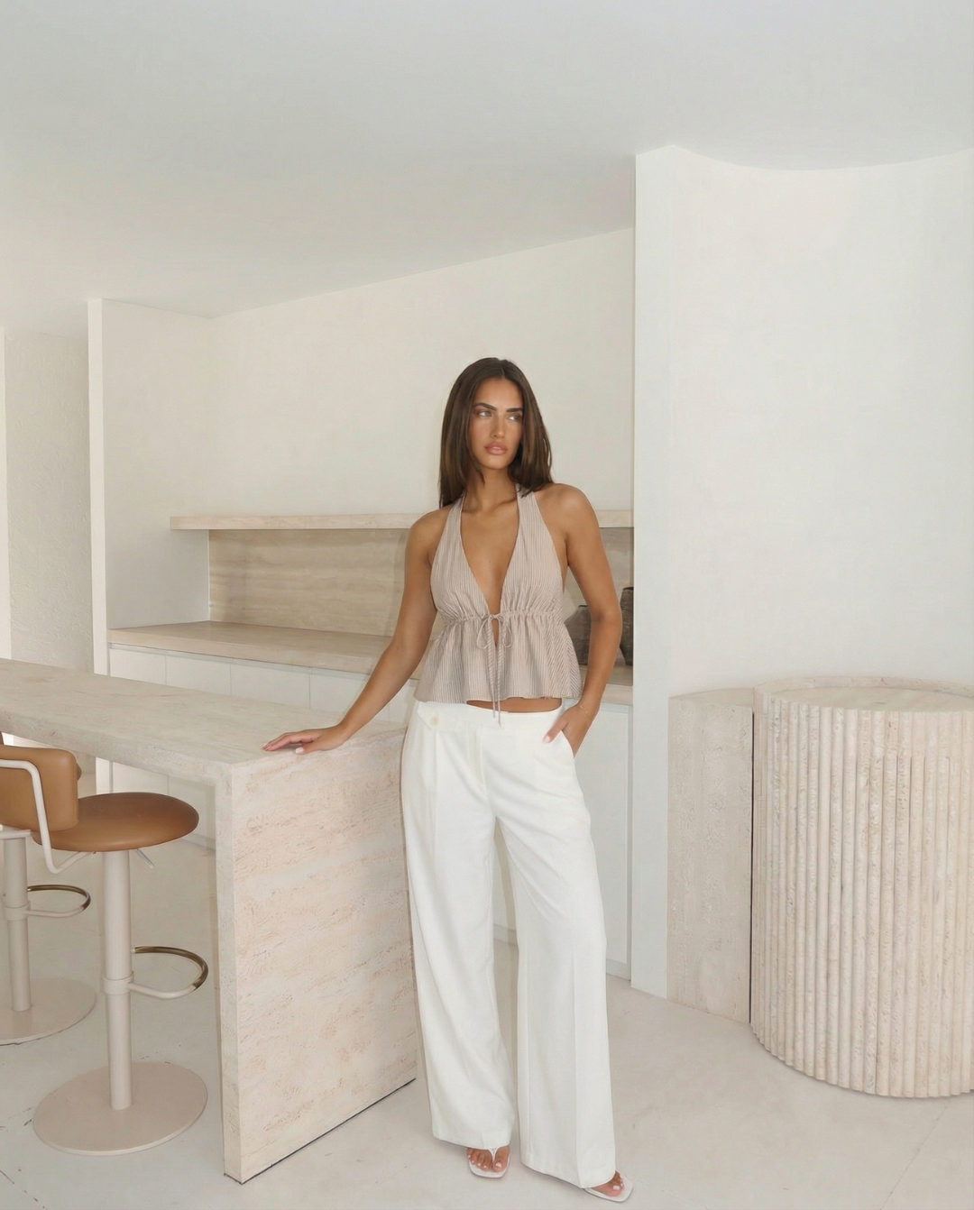 Lilah | Striped Cotton Halter Peplum Tie Front Top