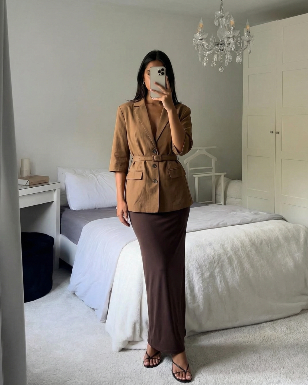 Thea | Belted Oversized Blazer Brown Three Quarter Sleeve