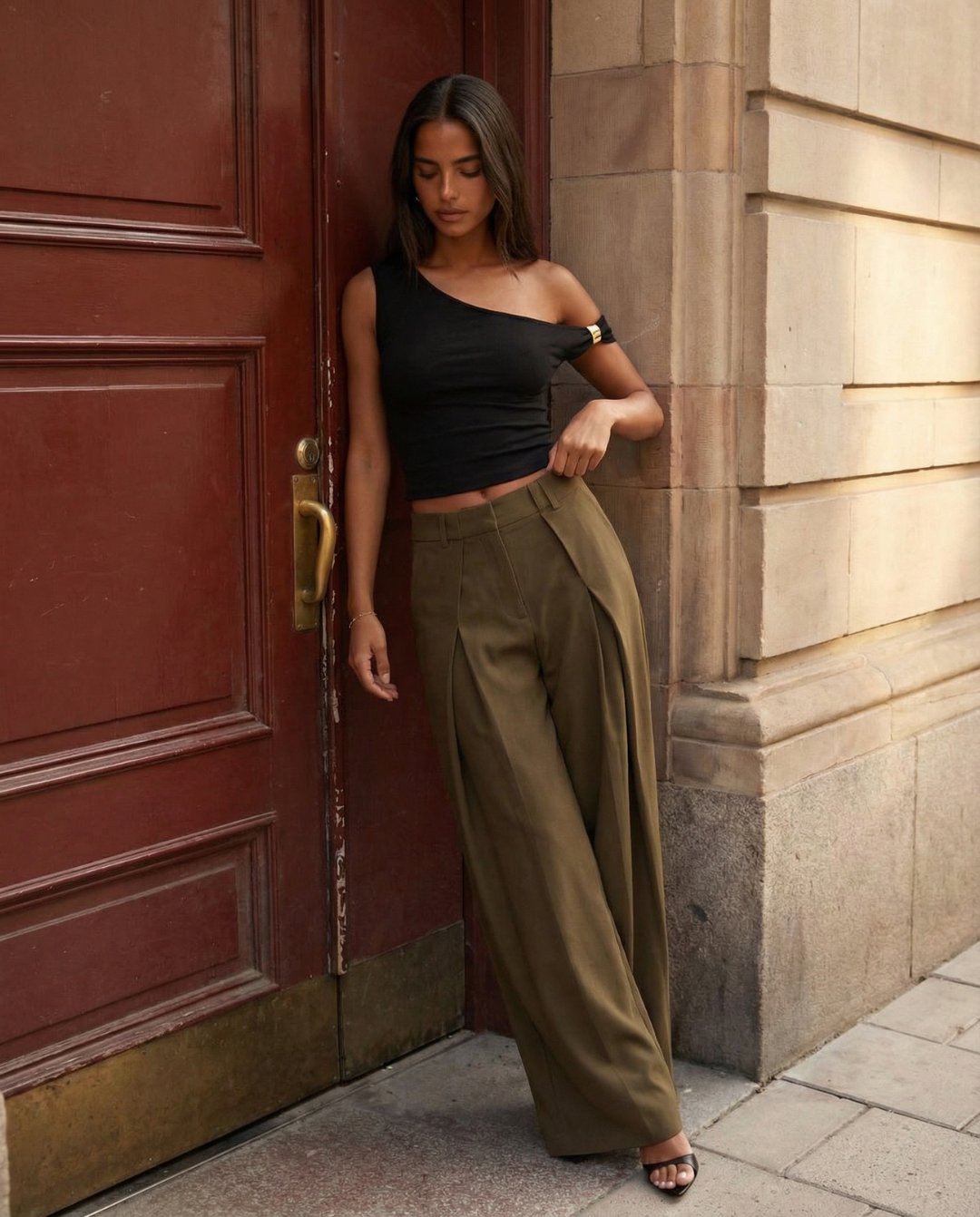 Romy | Casual Wide Leg Trousers Khaki Pleated