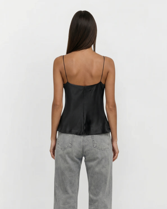 Mira | Satin Cami Top Black V Neck Corset Sleeveless Fitted
