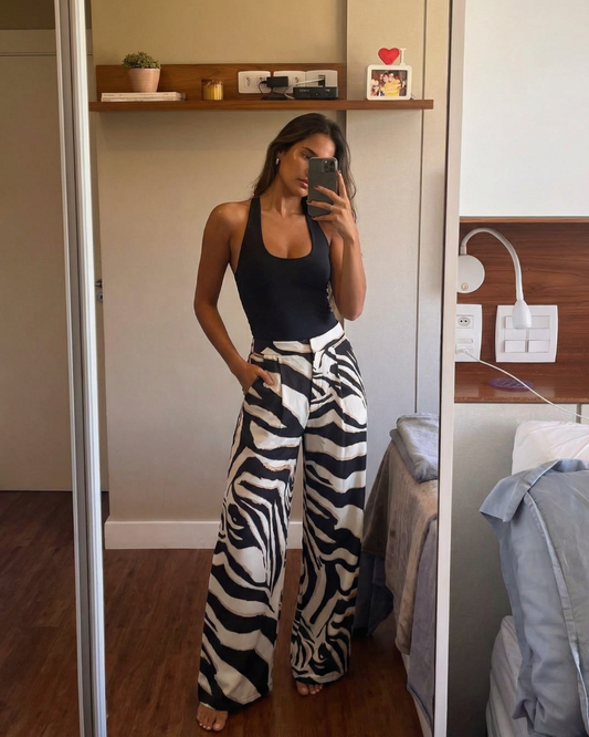 Lexi | Wide Leg Zebra Print Trousers Black White