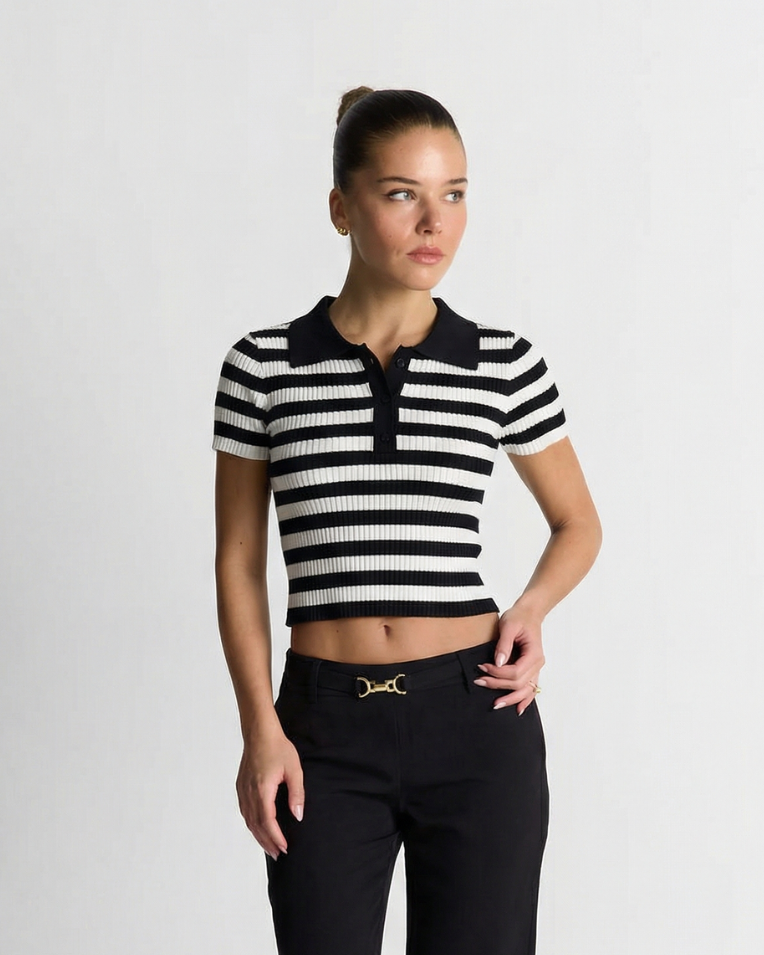 Phoebe | Striped Ribbed Knit Polo Crop Top
