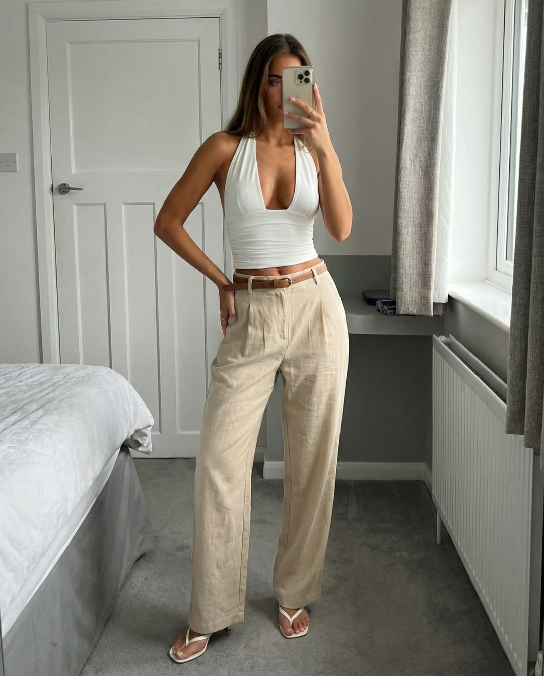 Nicole | High-Waist Pleated Belt Loop Wide-Leg Linen Trousers in Cream