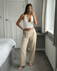 Nicole | High-Waist Pleated Belt Loop Wide-Leg Linen Trousers in Cream