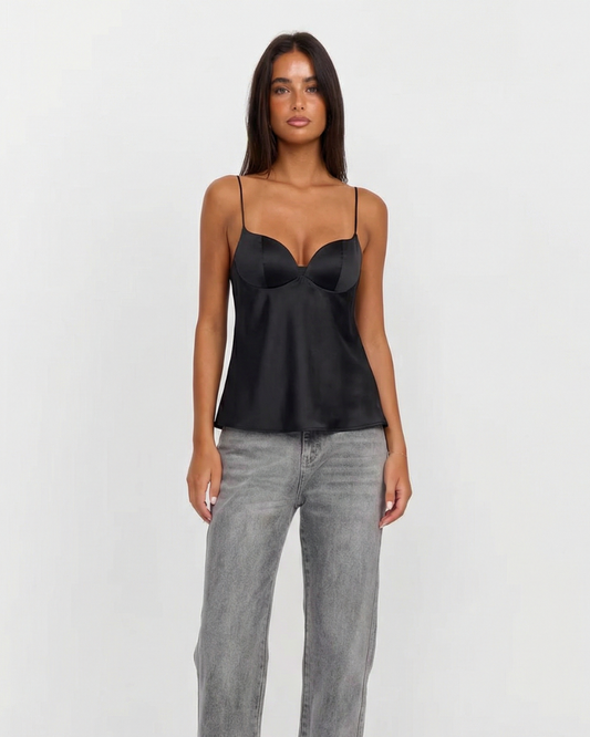 Mira | Satin Cami Top Black V Neck Corset Sleeveless Fitted