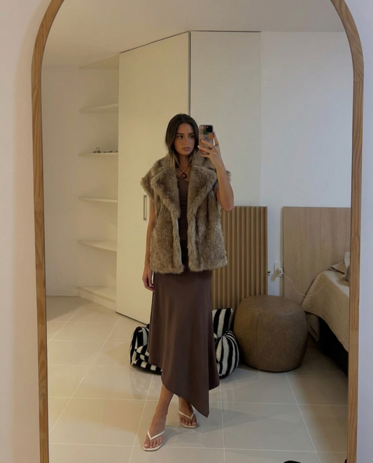 Sia | Faux Fur Jacket Brown Fluffy Sleeveless Oversized