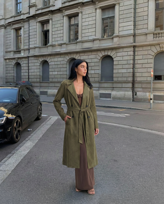 Ada | Elegant Longline Belted Coat Khaki Suede Effect