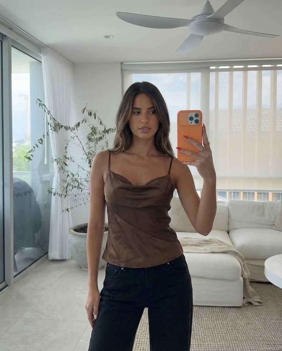 Viola | Elegant Satin Cowl Neck Cami Top Brown Going Out