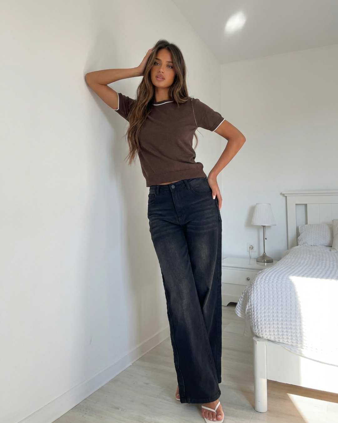 Briar | Knitted Top Brown Short Sleeve Crew Neck Contrast Trim