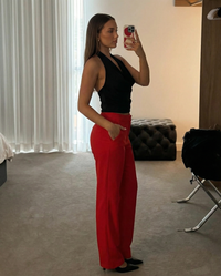 Juliet | Flat Front Seam Pocket Tailored Straight-Leg Trousers in Red and Navy