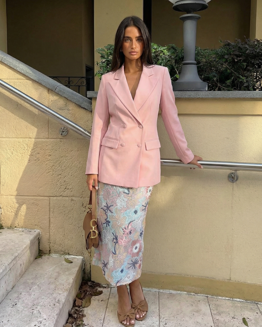 Vera | Double Breasted Blazer Pink Long Sleeve V Neck