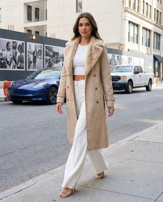 Ayla | Cream Faux Fur Collar Jacket Double Breasted Long