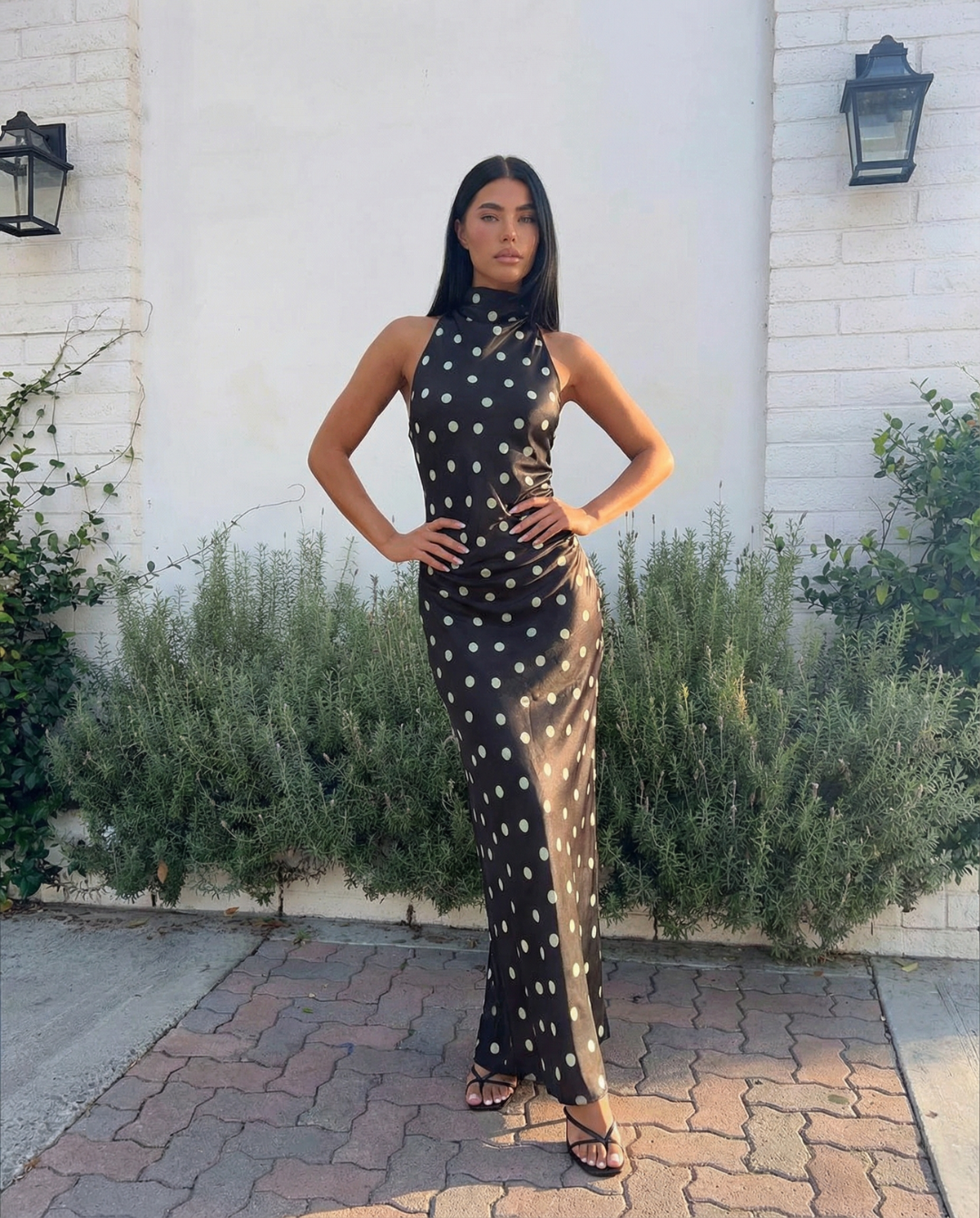 Caitlin | Polka Dot High Halter Neck Satin Maxi Dress