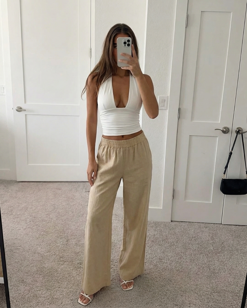 Zoe | Casual Wide Leg Linen Trousers Cream
