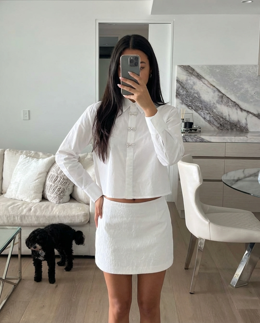 Mimi | Elegant Cropped Shirt White Bow Buttons