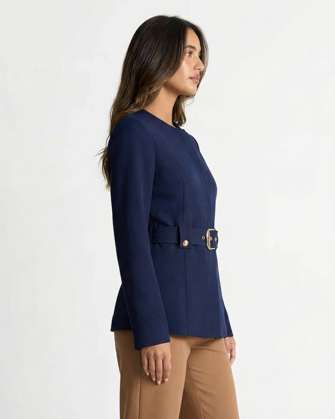 Zoe | Tailored Belted Collarless Blazer