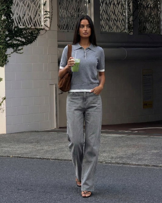 Amelia | Grey Knit Short Sleeve Polo with Contrast Trim