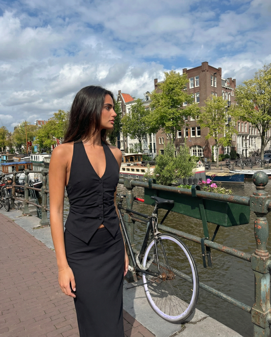 Viola | Elegant Halter Neck Top Black Ruched V Neck Cut Out