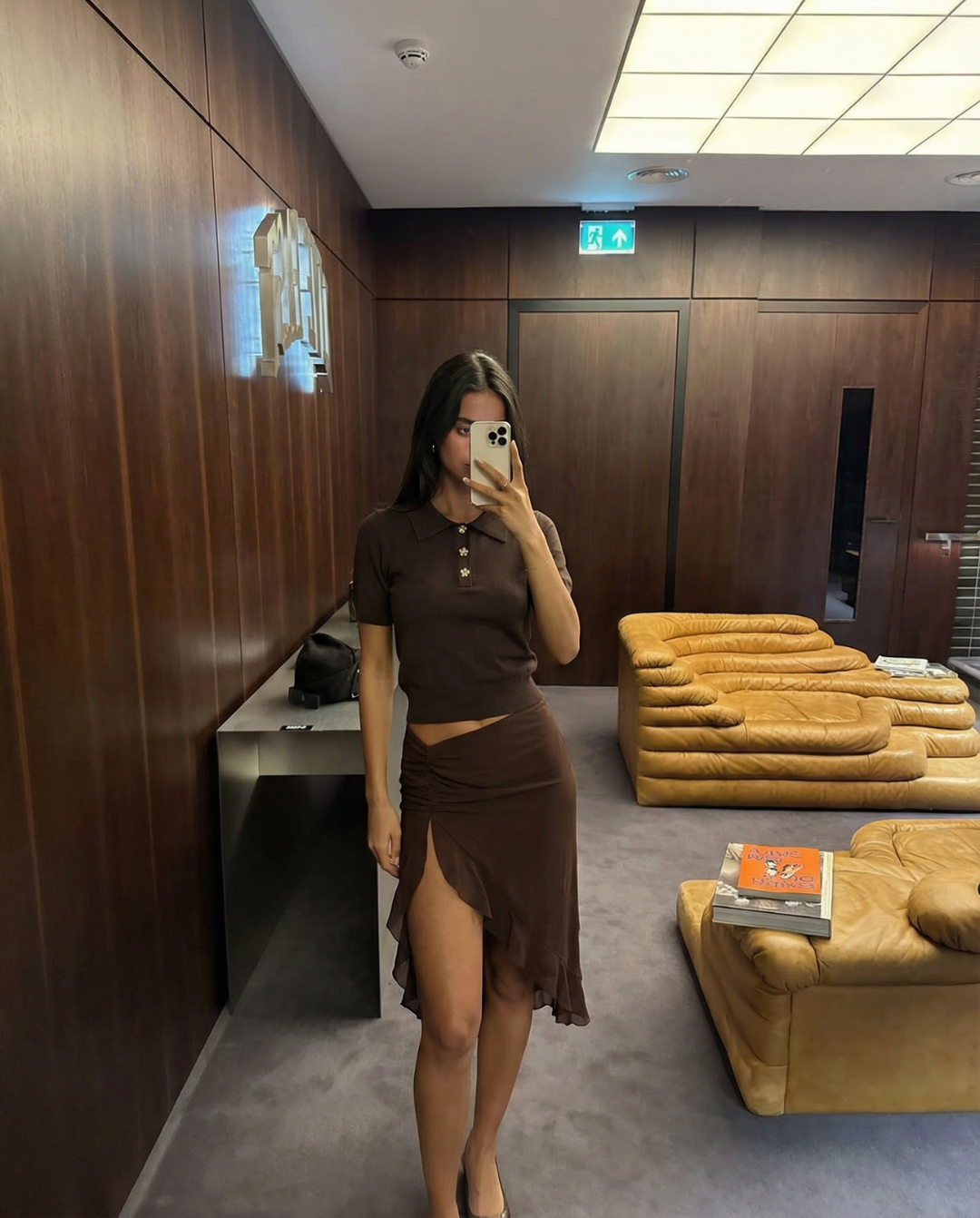 Chloe | Brown Delicate Knit Short Sleeve Polo with Flower Buttons