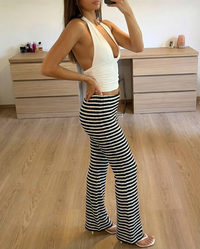 Harriet | High-Waist Monochrome Stripe Flared Wide-Leg Ribbed Knit Trousers