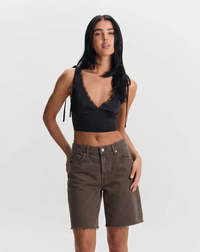 Margot | Mid-Rise Raw Hem Denim Bermuda Shorts