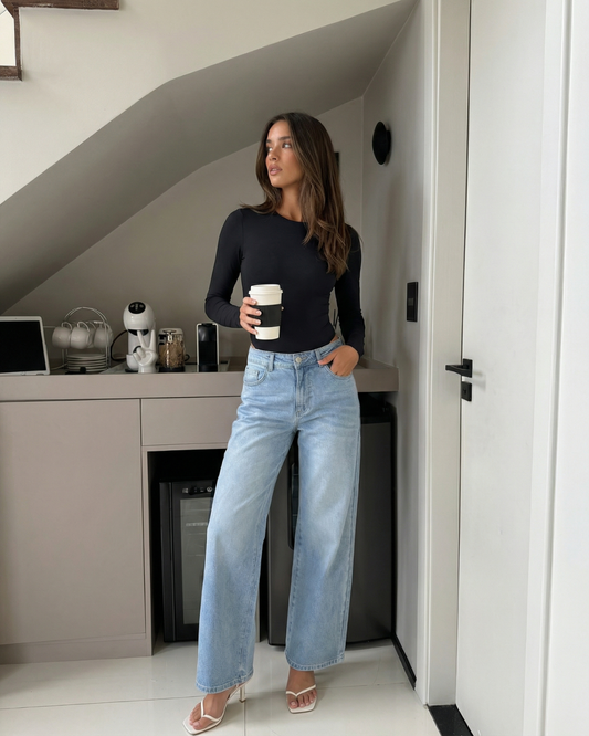 Thea | Fitted Long Sleeve Bodysuit Black Crew Neck