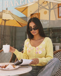 Maisie | Floral Embellishment Balloon Sleeve Scoop Neck Button Front Knit Cardigan