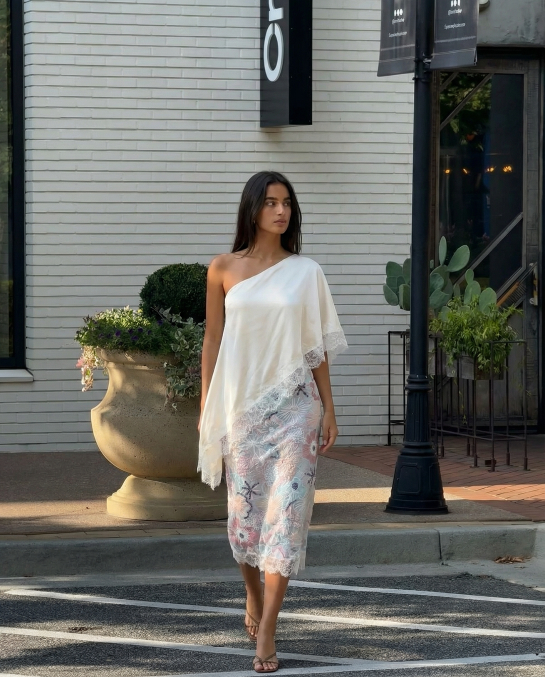 Aurora | Satin One Shoulder Lace Trim Asymmetric Top