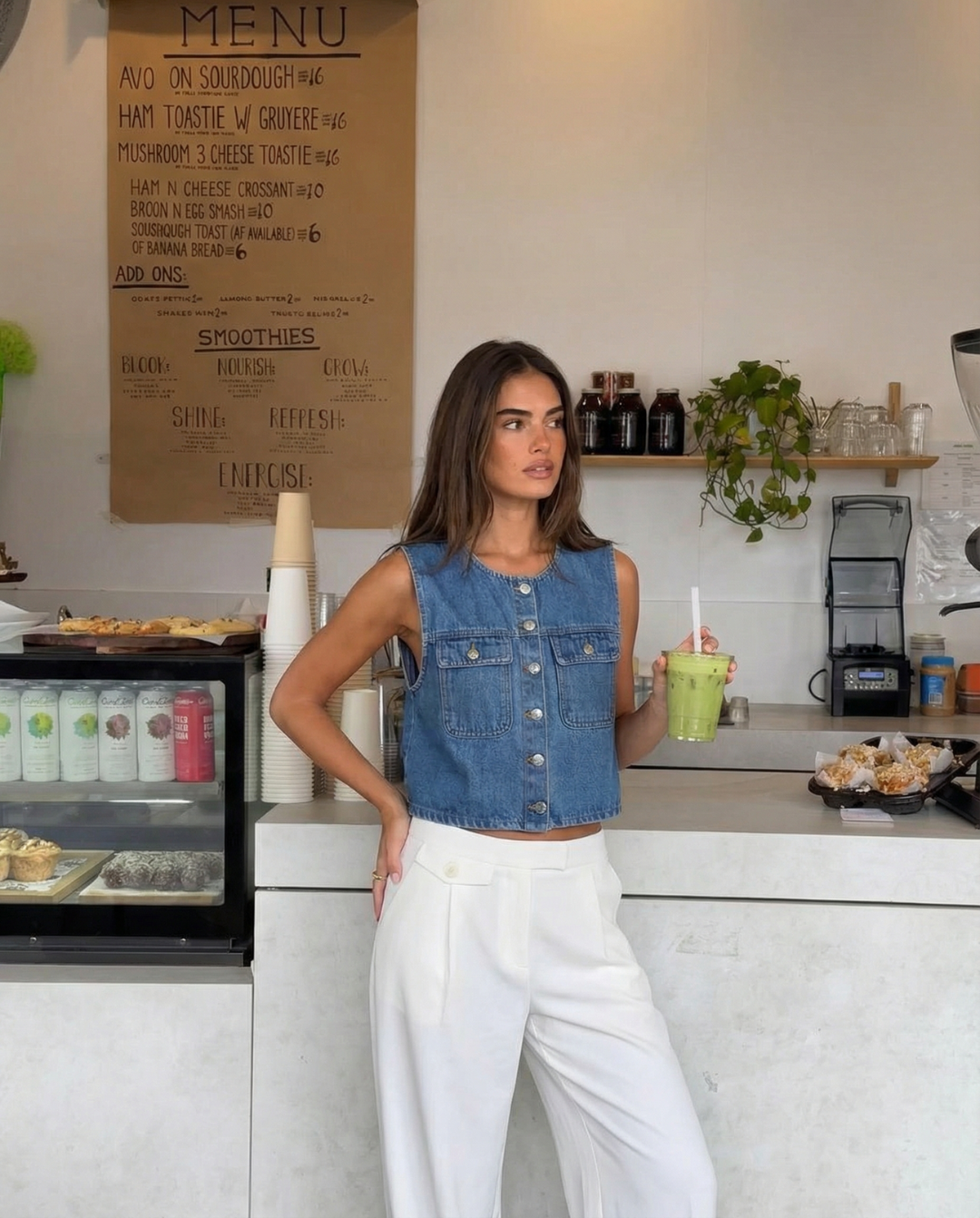 Sia | Cropped Vest Top Blue Denim Sleeveless Button Front Pockets