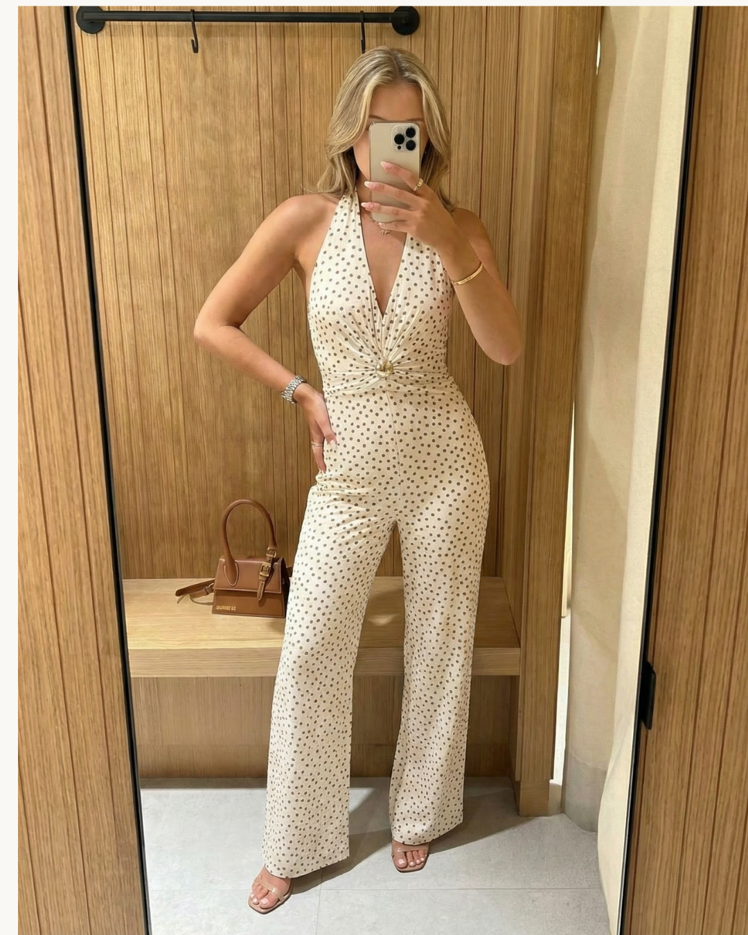 Alicia | Deep V Halter Polka Dot Twisted Bust Gold Hardware Wide-Leg Jumpsuit in Cream